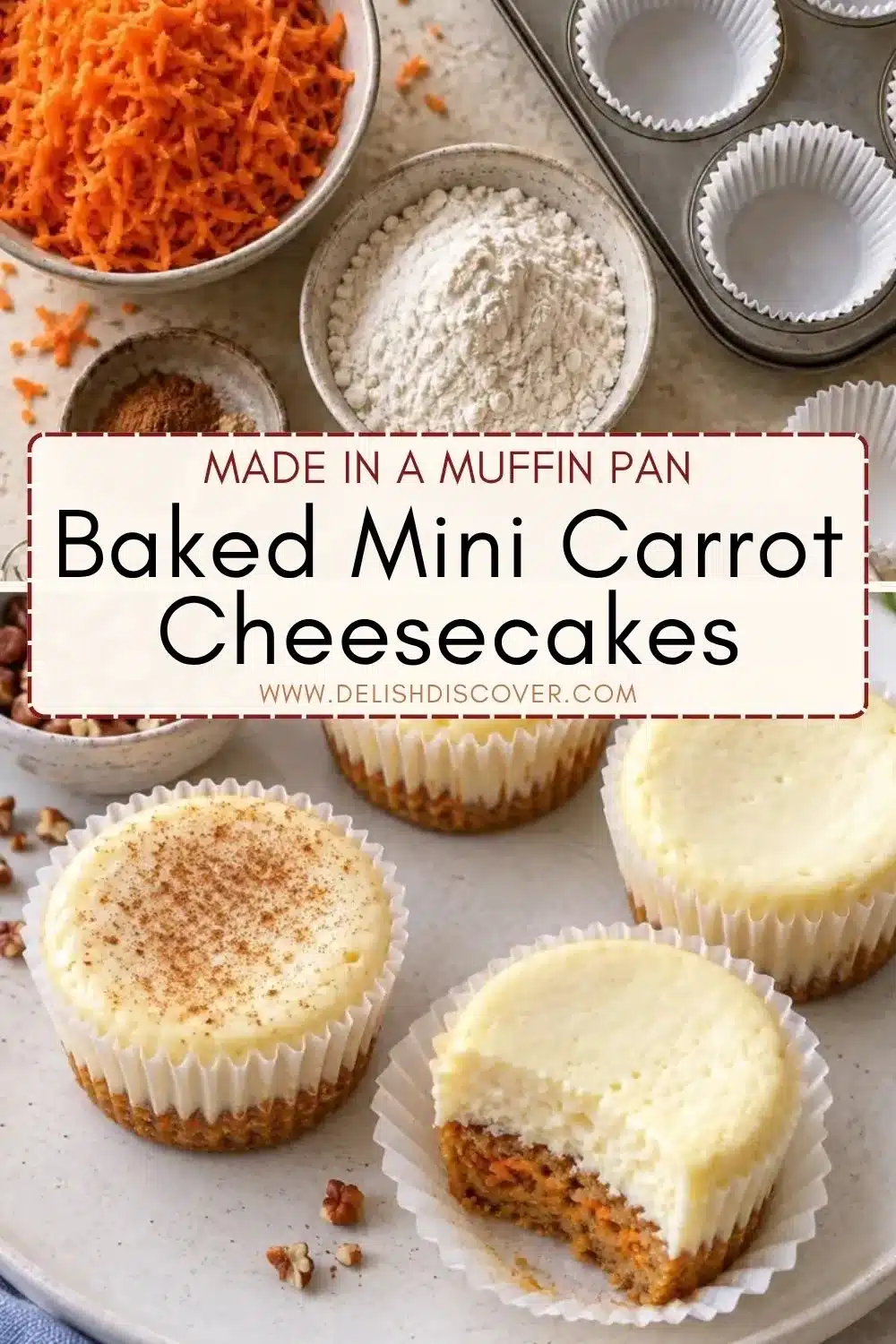 Mini cheesecakes in paper liners beside grated carrots, flour, spices, pecans, and a muffin pan, with one cut open to show the cake base.