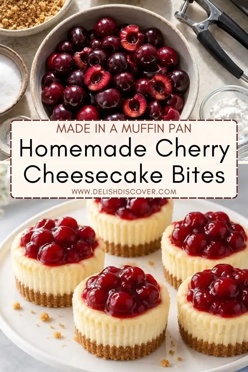 Several individual cheesecakes topped with shiny red cherries, with fresh cherries, graham crumbs, sugar, and baking tools arranged above.