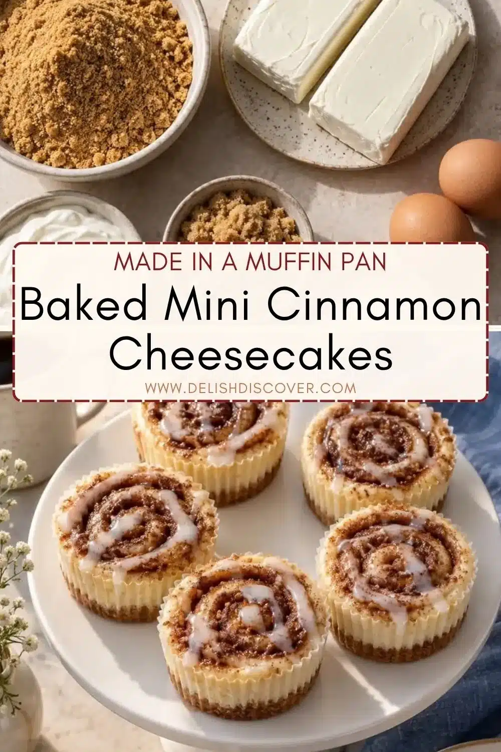 Several glazed mini cheesecakes on a serving plate beneath bowls of graham crumbs, cream cheese, eggs, sour cream, and brown sugar.