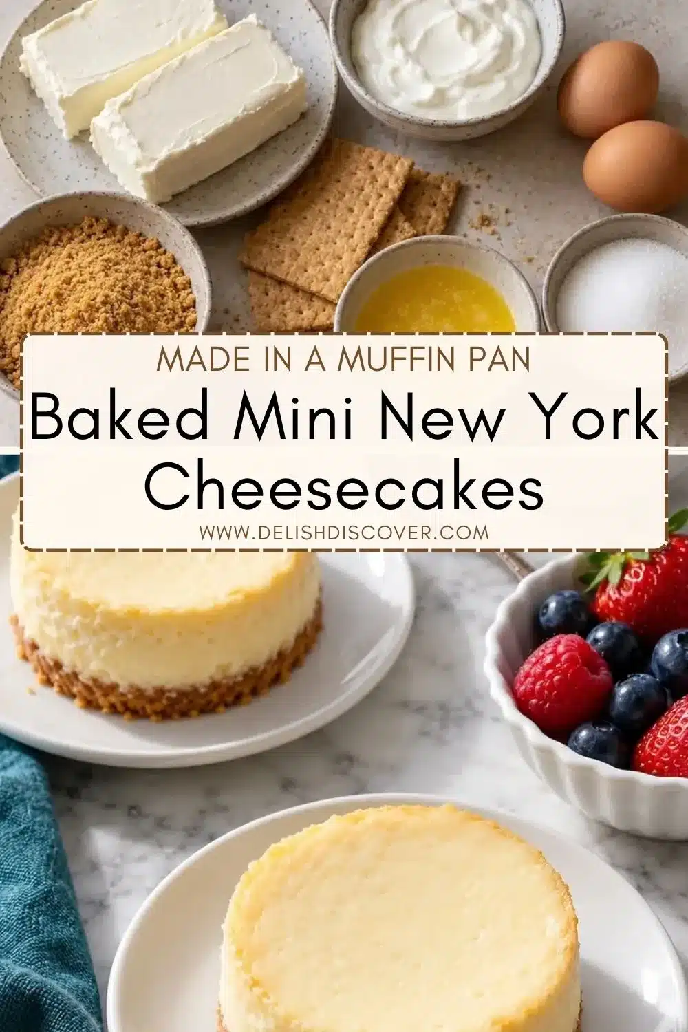 Individual baked cheesecakes on white plates beside cream cheese, sour cream, eggs, graham crackers, butter, sugar, and fresh berries.
