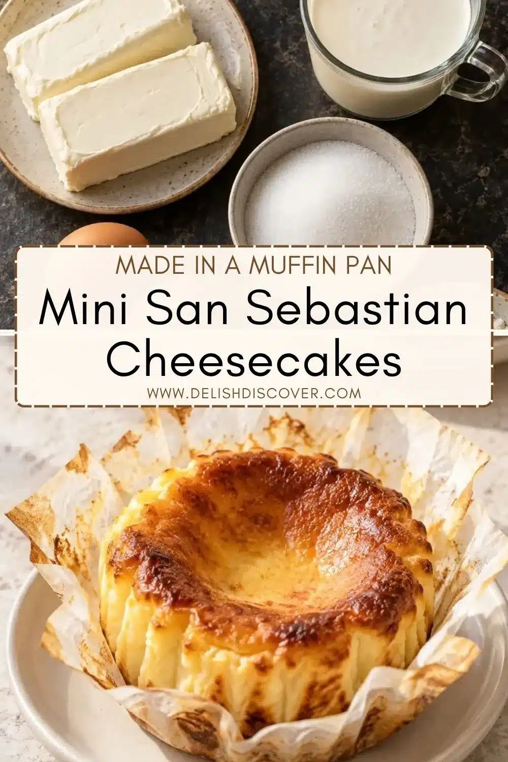 A single deeply browned cheesecake in pleated parchment beneath cream cheese, heavy cream, sugar, and other baking ingredients.