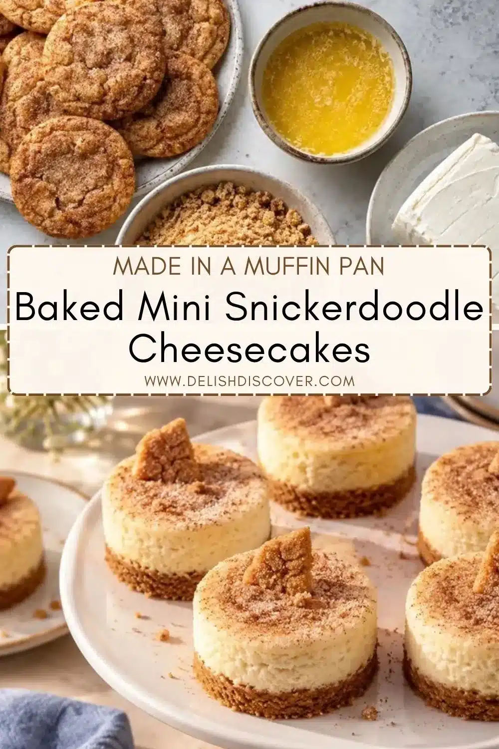 Mini cheesecakes on a white platter beneath whole snickerdoodle cookies, cookie crumbs, melted butter, and cream cheese.