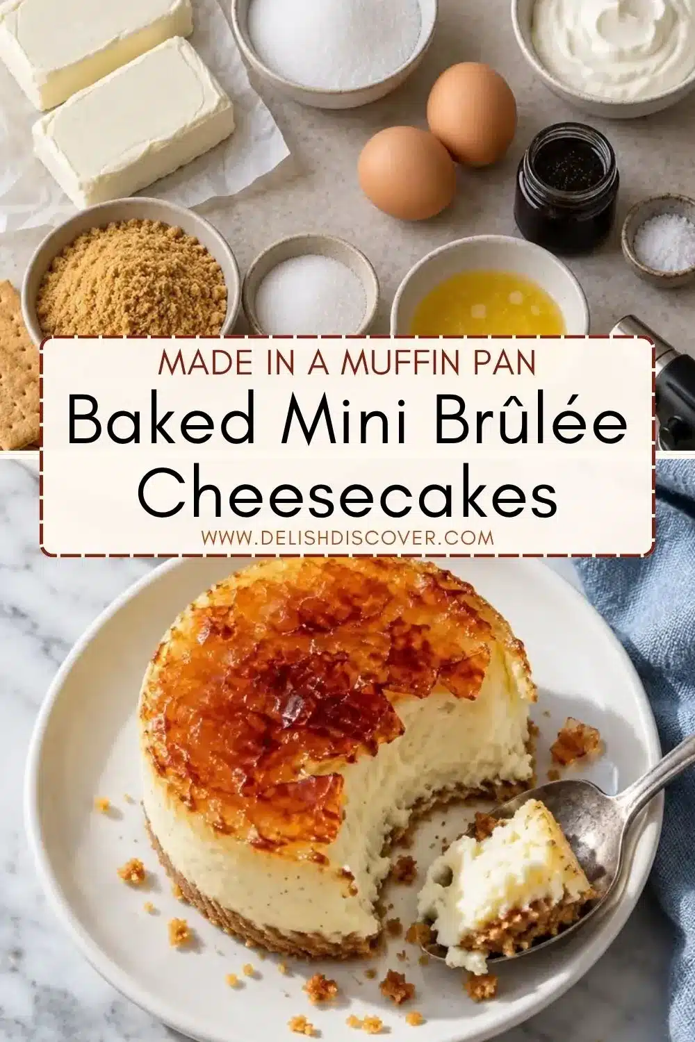 A single mini cheesecake with a shattered caramel top and creamy vanilla center, shown below cream cheese, eggs, sugar, crumbs, and other baking ingredients.