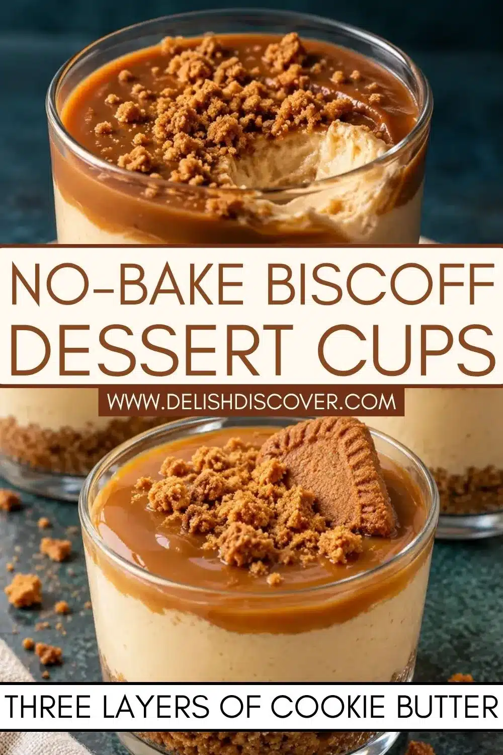 Close-up of layered Biscoff dessert cups with golden cookie crumb bases, pale cheesecake filling, glossy cookie butter topping, and crushed biscuits.