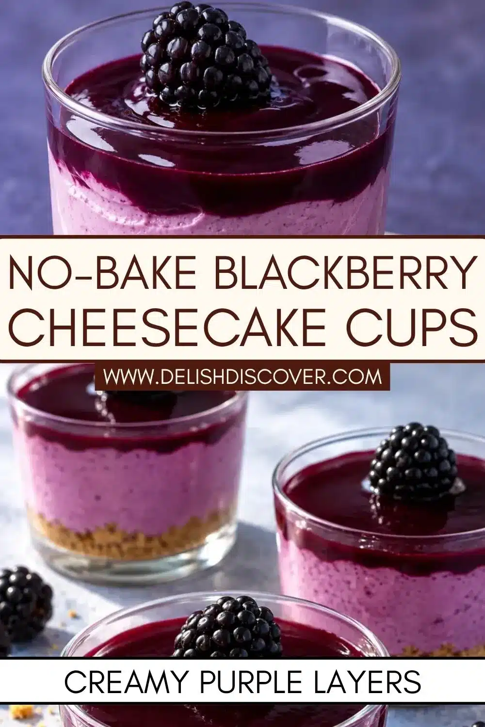 Three clear dessert cups with golden crumb bases, creamy purple blackberry cheesecake filling, glossy dark blackberry topping, and fresh blackberries.