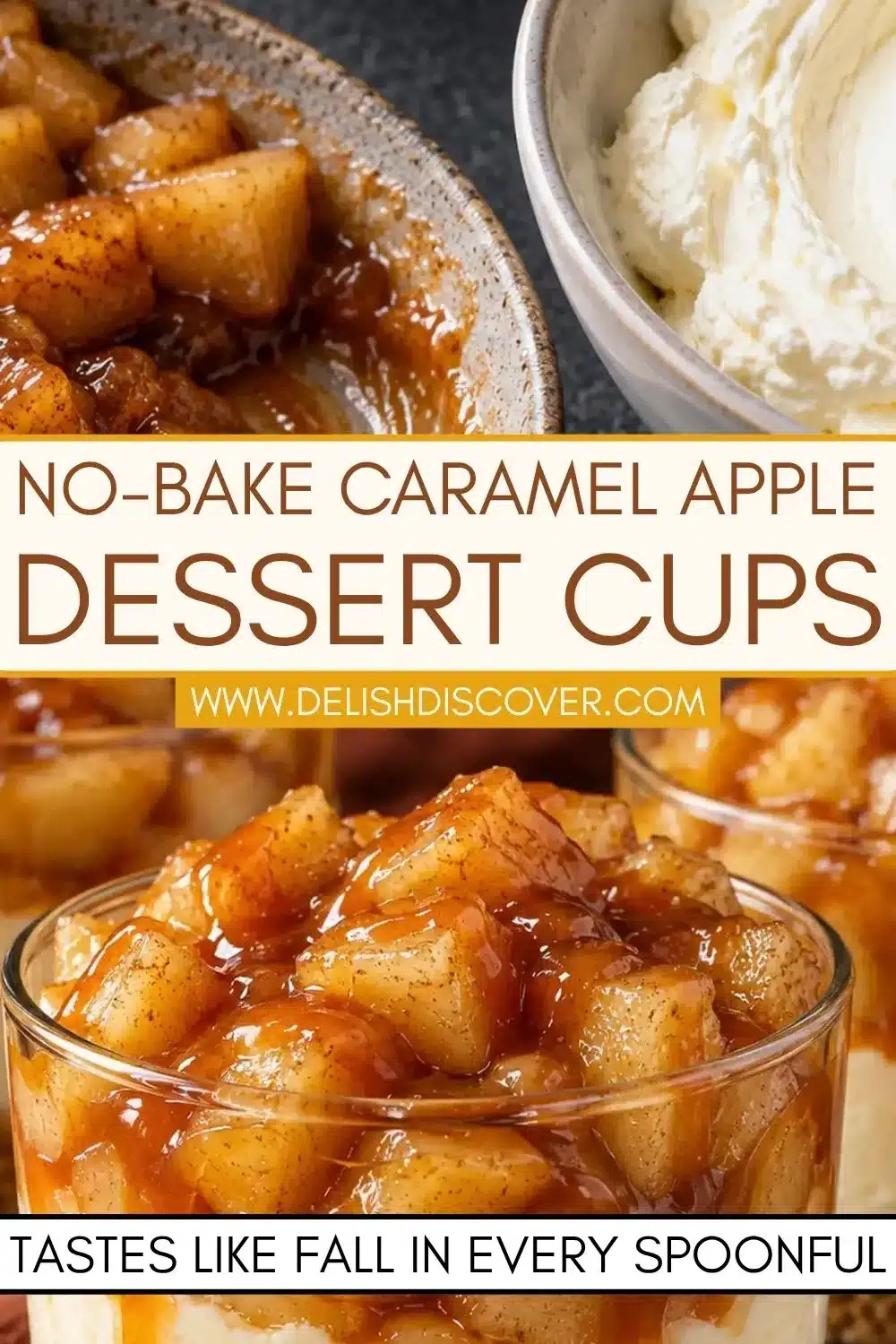 Close-up of glossy cinnamon-coated apple pieces beside whipped cheesecake filling, with a clear dessert glass piled high with caramel-glazed apples.