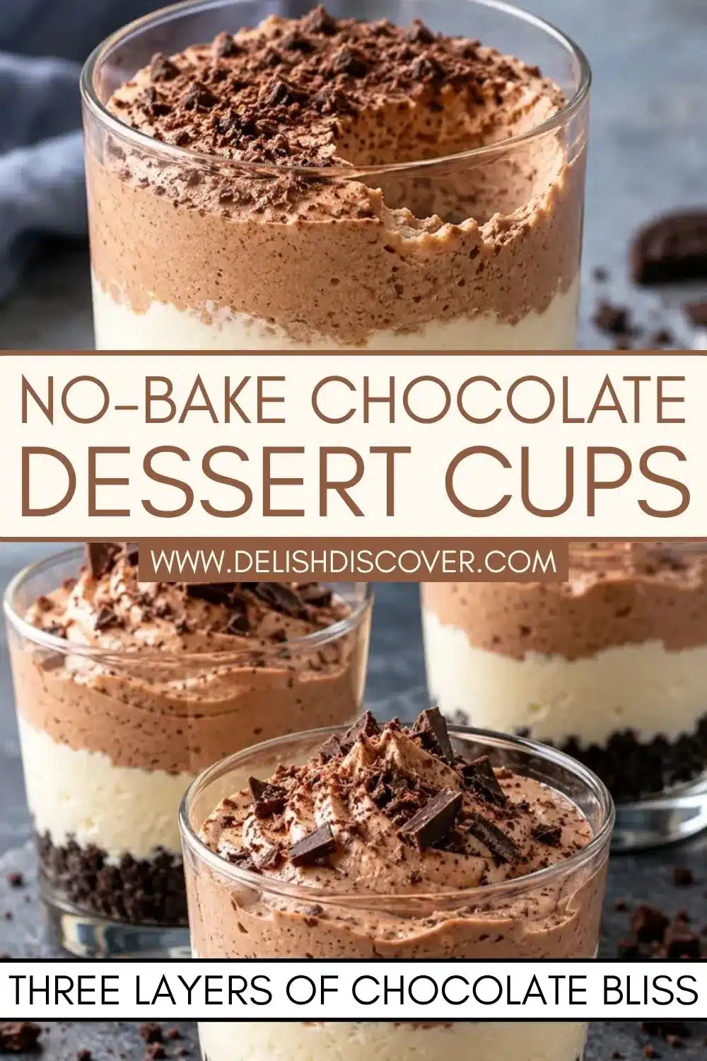 Close-up of clear dessert glasses with dark chocolate cookie crumb bases, thick white cheesecake centers, and fluffy chocolate mousse topped with chocolate shavings.