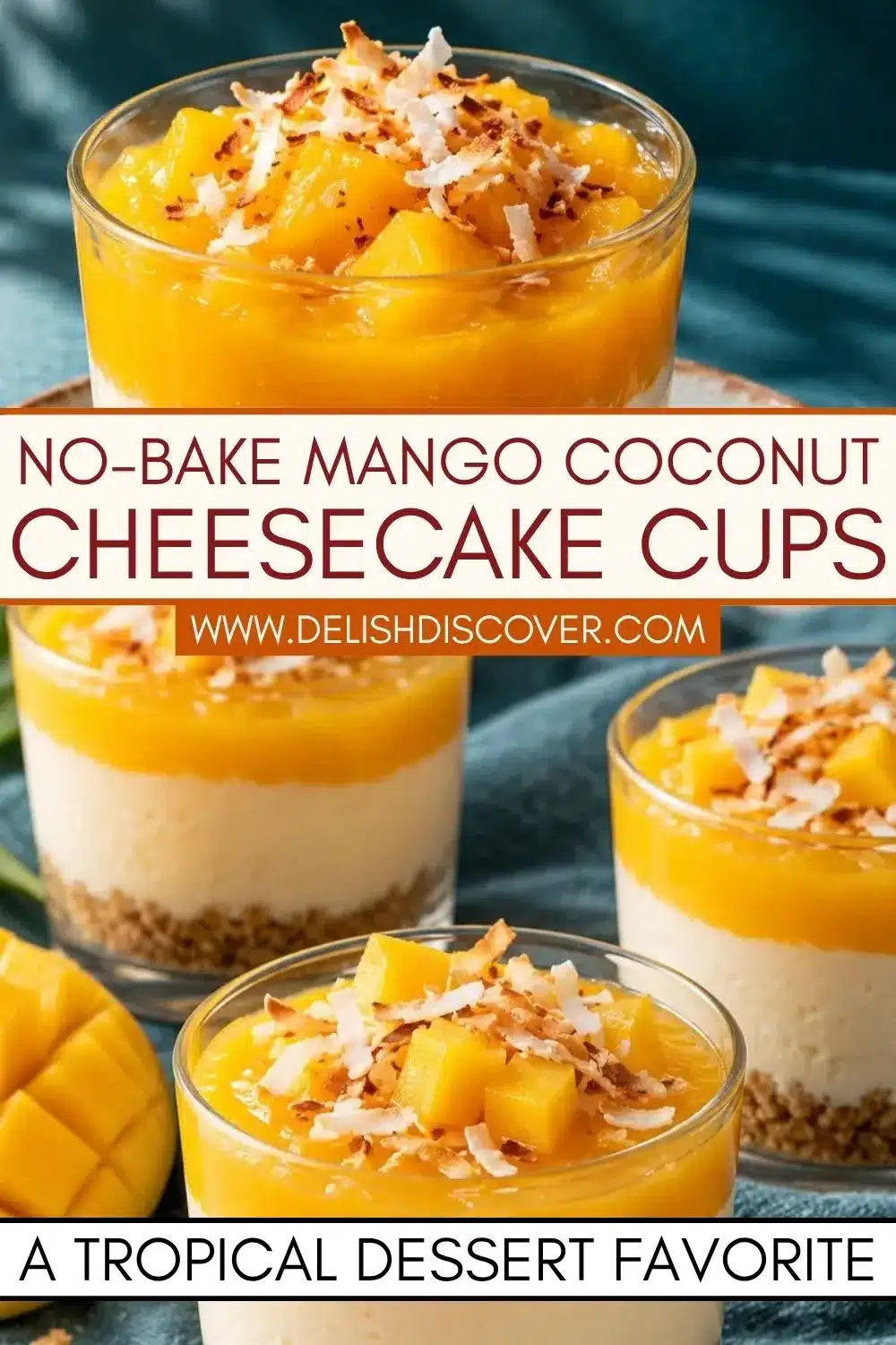 Four individual tropical dessert glasses featuring golden fruit topping, smooth white coconut cream filling, crumbly cookie bases, fresh mango cubes, and toasted coconut flakes.
