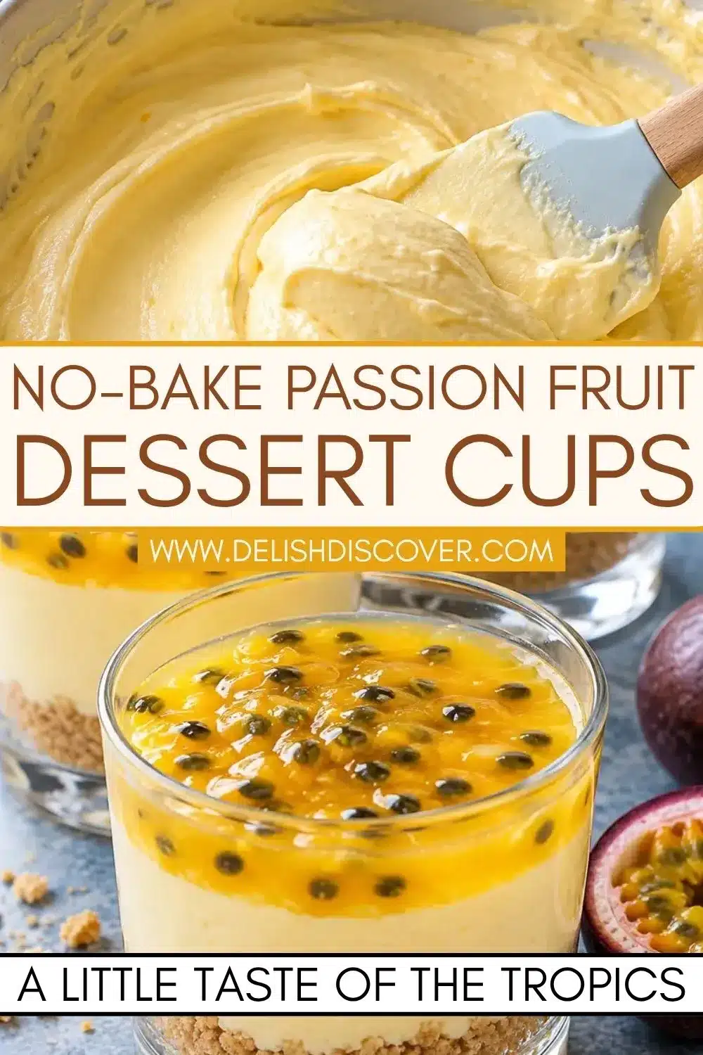 Two-panel dessert Pin showing thick pale yellow cheesecake filling on a spatula above a clear glass topped with glossy passion fruit sauce and dark seeds.