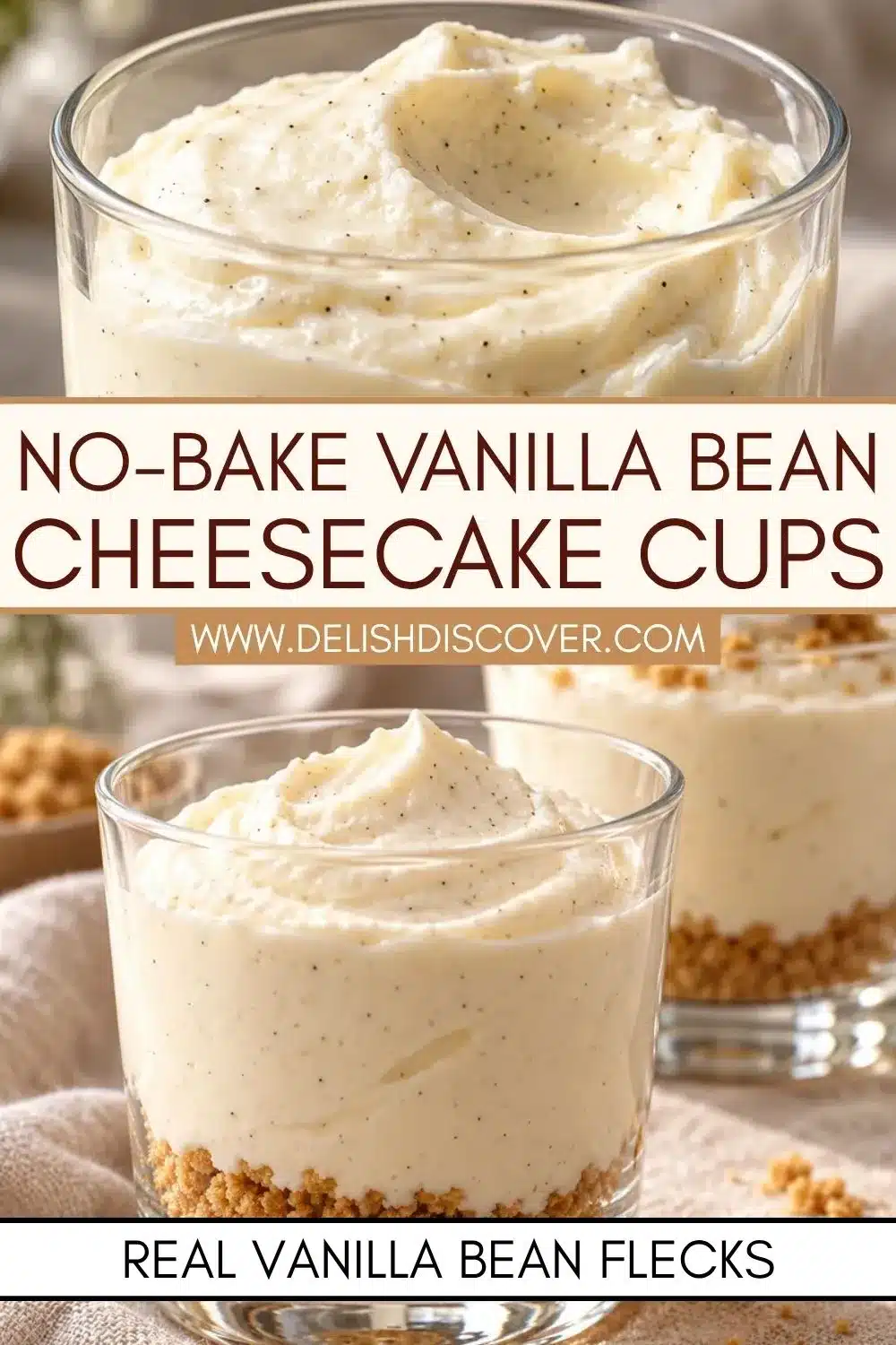 Close-up of clear glass dessert cups filled with pale, silky vanilla-flecked cheesecake filling over a thin golden graham crumb base, with softly piped tops.