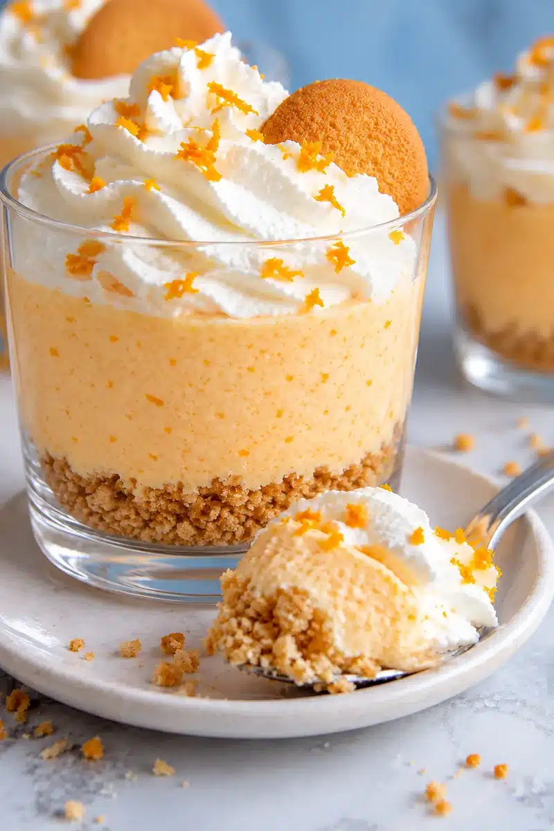 Soft orange cheesecake spoonful beside a clear cup with visible cookie and vanilla cream layers