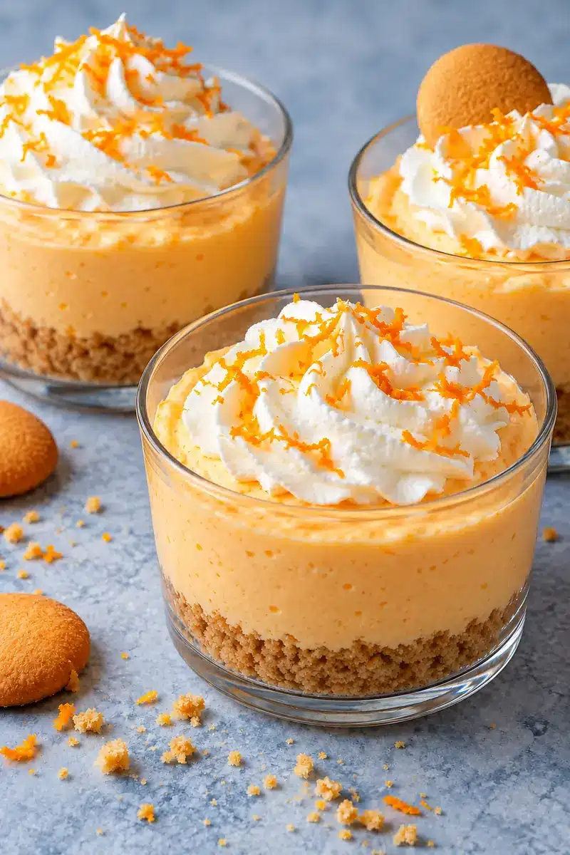Orange creamsicle cheesecake cups with pale-orange filling, vanilla wafer crumbs and white whipped cream