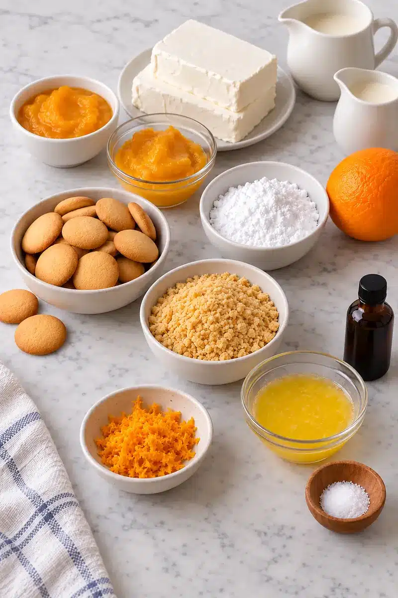 Vanilla wafers, cream cheese, heavy cream, orange zest and thick orange juice concentrate in plain bowls