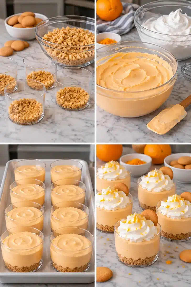 Four panels showing wafer crumbs, orange base with whipped cream, filled cups and vanilla cream topping