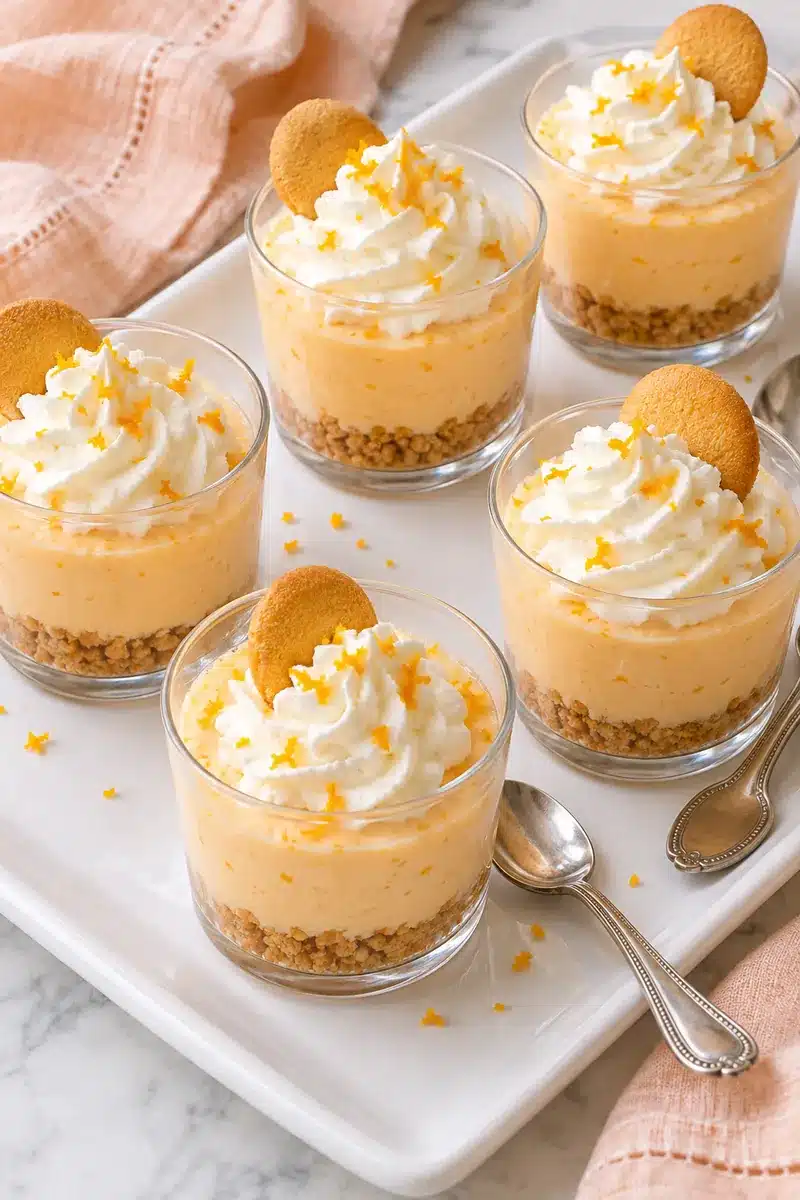 Five chilled orange and vanilla cheesecake cups on a white tray with dessert spoons