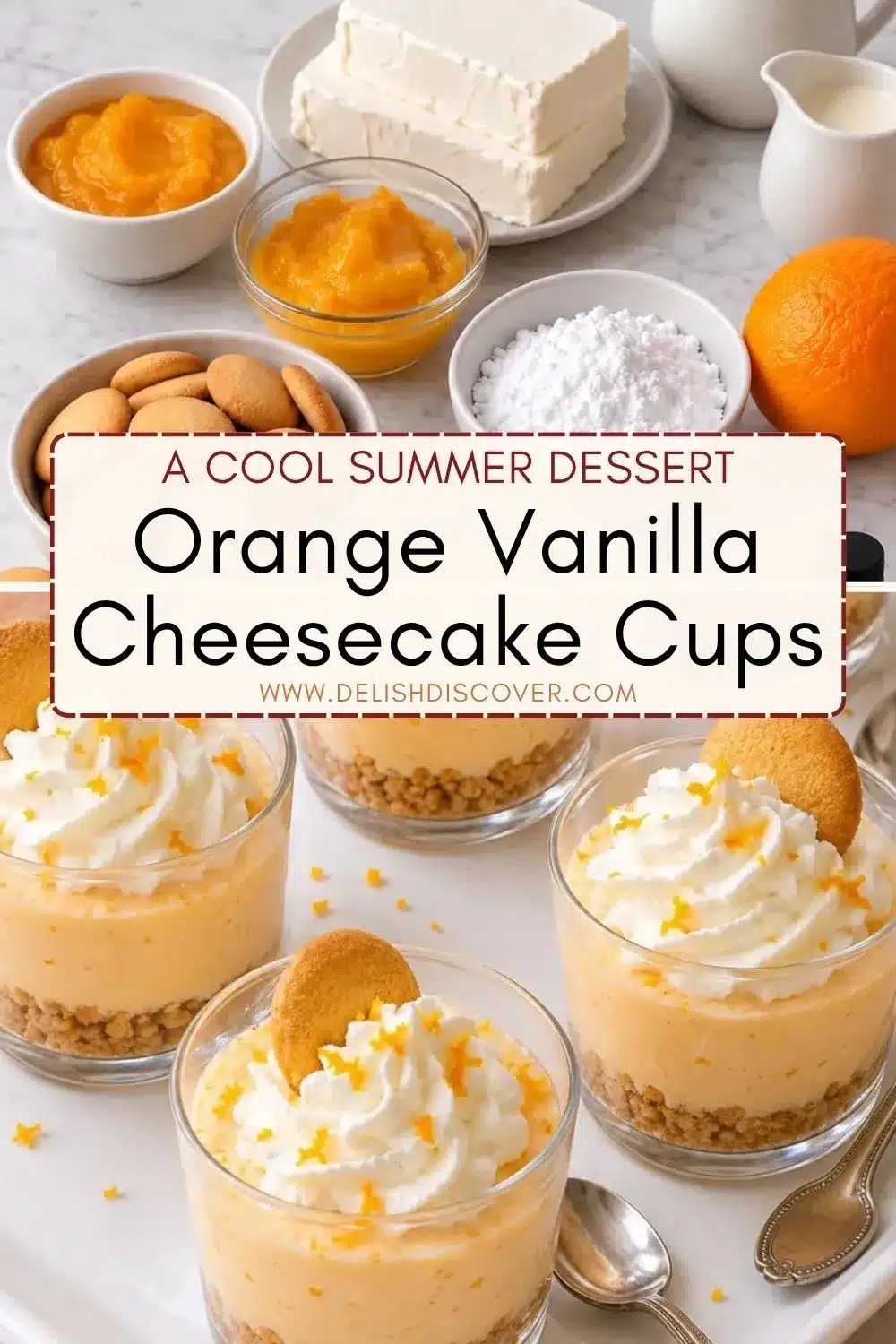Several orange vanilla cheesecake cups with crumb bases, whipped cream, orange zest, and vanilla wafer garnish beside baking ingredients.