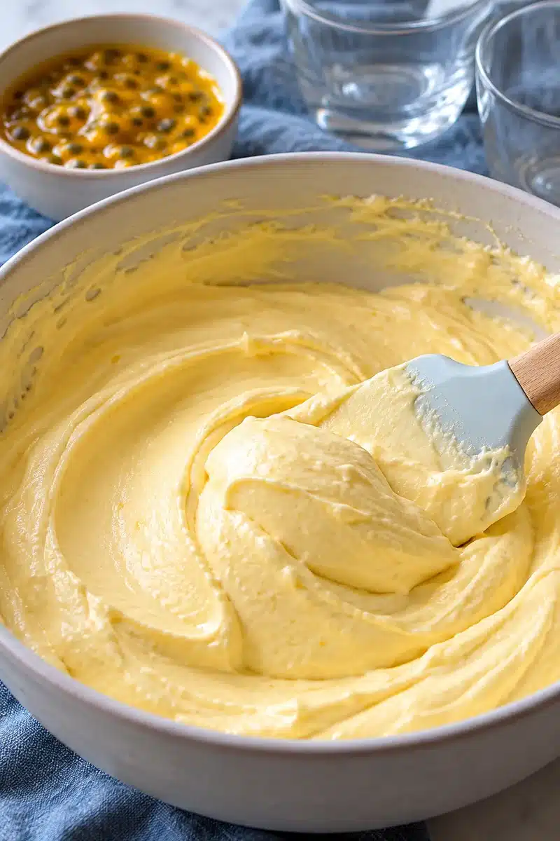 No-Bake Passion Fruit Cheesecake Cups 5 Thick seed-free pale yellow cheesecake filling holding a soft spatula ridge before assembly