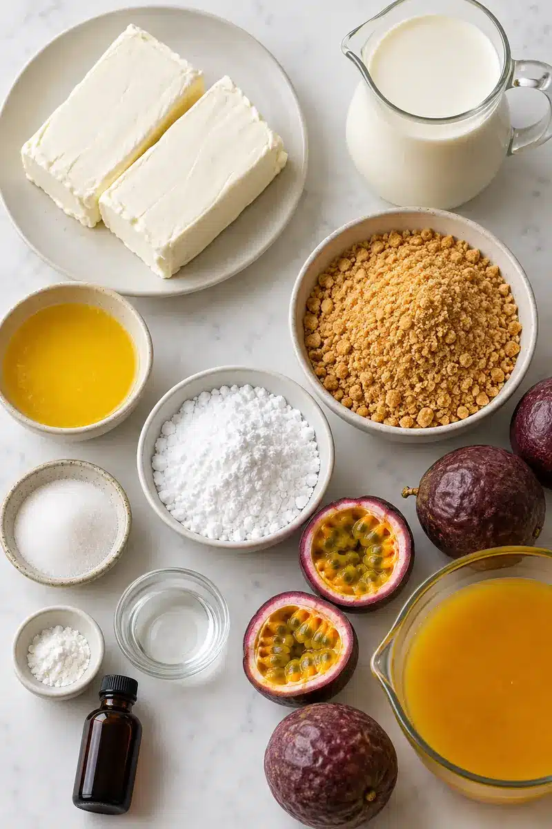 No-Bake Passion Fruit Cheesecake Cups 3 Cream cheese, cream, cookie crumbs, butter, sugars, fresh passion fruit and strained purée organized in plain vessels