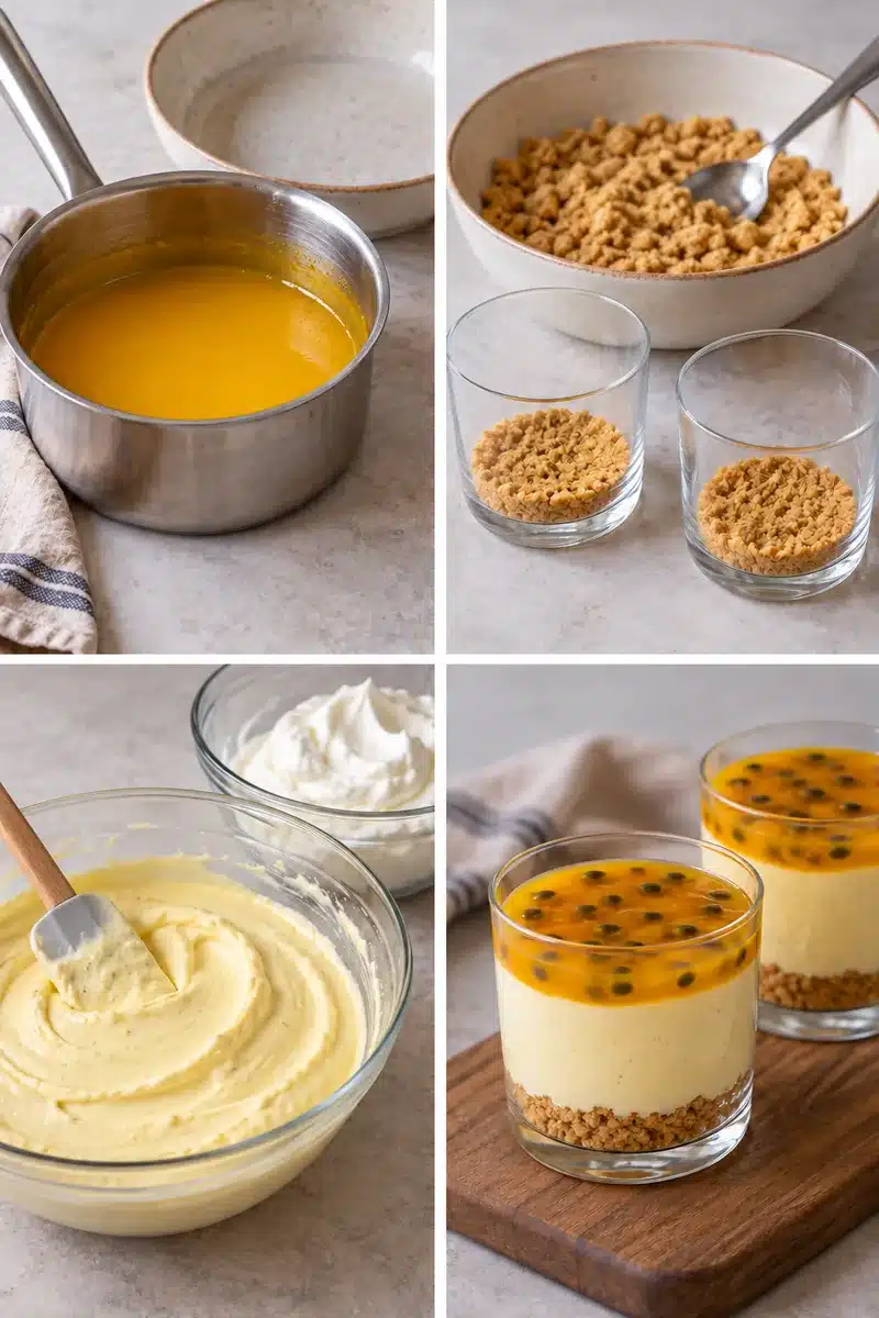 No-Bake Passion Fruit Cheesecake Cups 4 Four panels showing reduced fruit, buttered crumbs in glasses, whipped filling and the finished three-layer cups