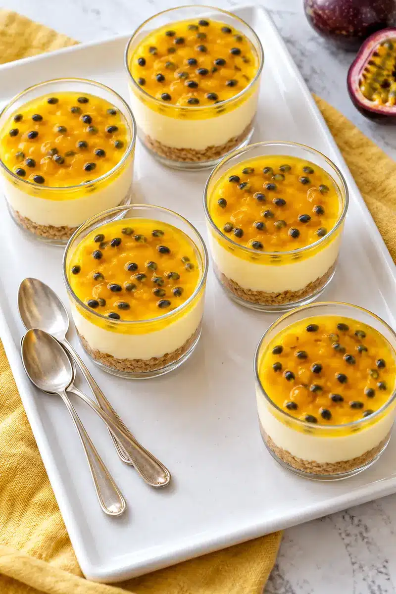 No-Bake Passion Fruit Cheesecake Cups 6 Clear dessert glasses with golden fruit topping on a white tray beside dessert spoons
