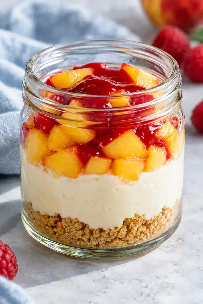 No-Bake Peach Melba Cheesecake Jars 5 Golden peach pieces and smooth red raspberry sauce above ivory filling in an intact glass jar