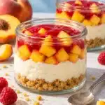 No-Bake Peach Melba Cheesecake Jars 10 Peach melba cheesecake jars with golden peaches, vanilla cheesecake, cookie crumbs and a red raspberry ribbon