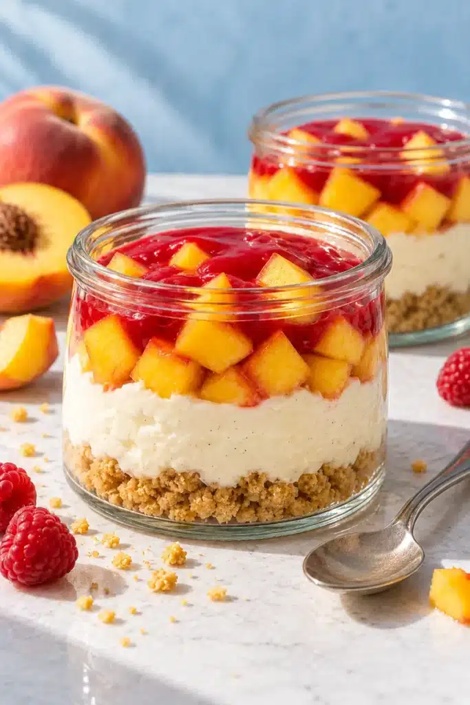No-Bake Peach Melba Cheesecake Jars