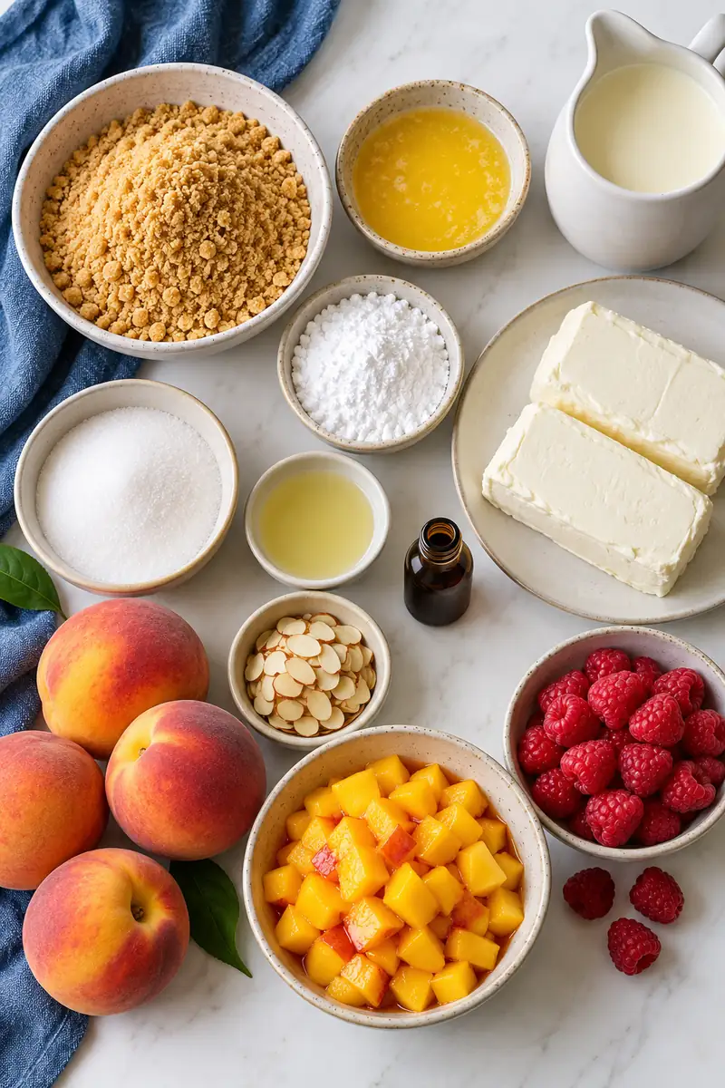 No-Bake Peach Melba Cheesecake Jars 3 Vanilla wafer crumbs, cream cheese, cream, sugars, peaches, raspberries, lemon juice, vanilla and almonds in plain vessels