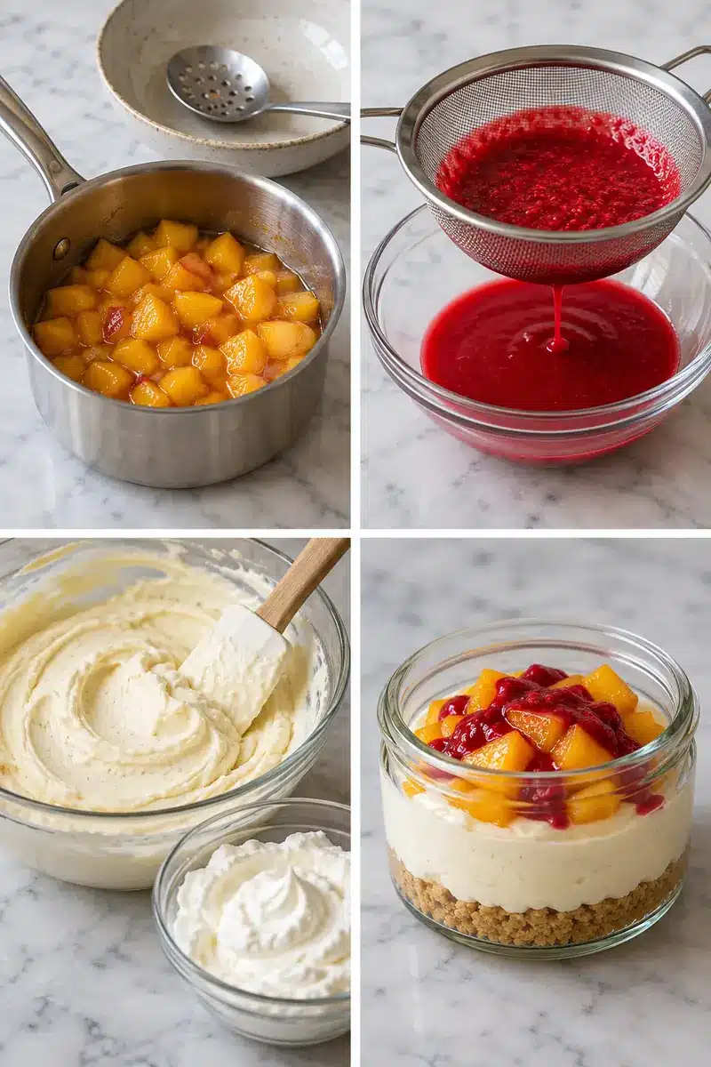 No-Bake Peach Melba Cheesecake Jars 4 Four panels showing cooked peaches, strained raspberry sauce, whipped vanilla filling and assembled layered jars