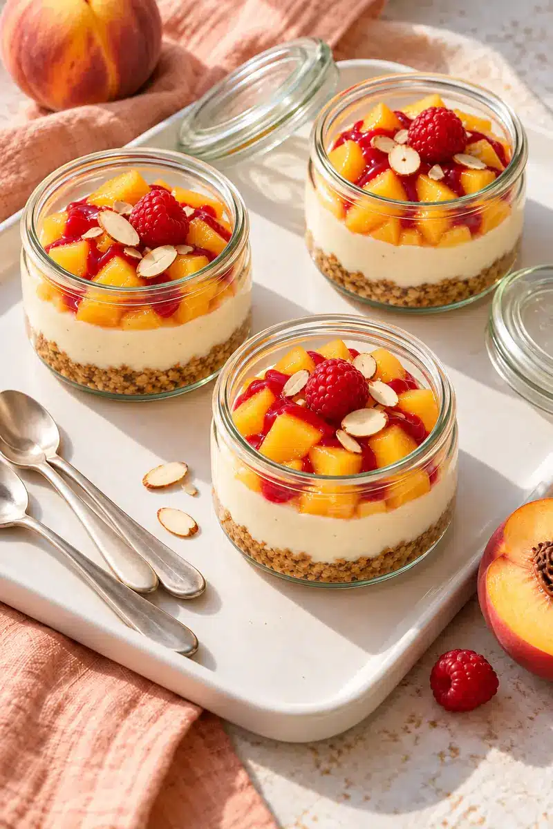 No-Bake Peach Melba Cheesecake Jars 6 Three layered fruit cheesecake jars on a tray with raspberry and sliced almond garnish