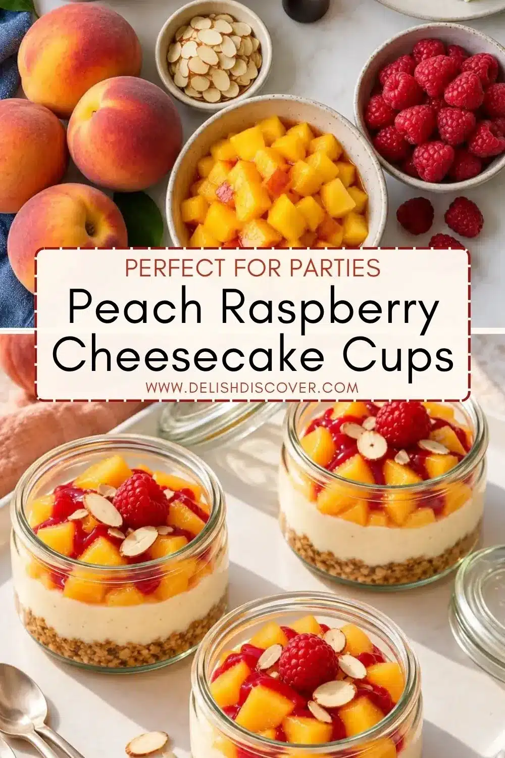 Three clear mason jars of layered peach and raspberry cheesecake topped with whole raspberries and sliced almonds, with fresh fruit and ingredients displayed above.