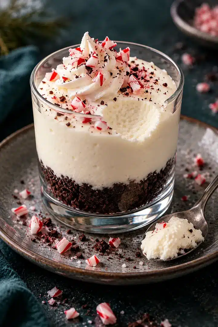 Smooth white cheesecake and a small candy-topped cream swirl in an intact clear glass beside a dessert spoon