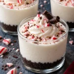 Peppermint cheesecake cups with chocolate cookie bases, smooth white filling and a crushed candy cane finish