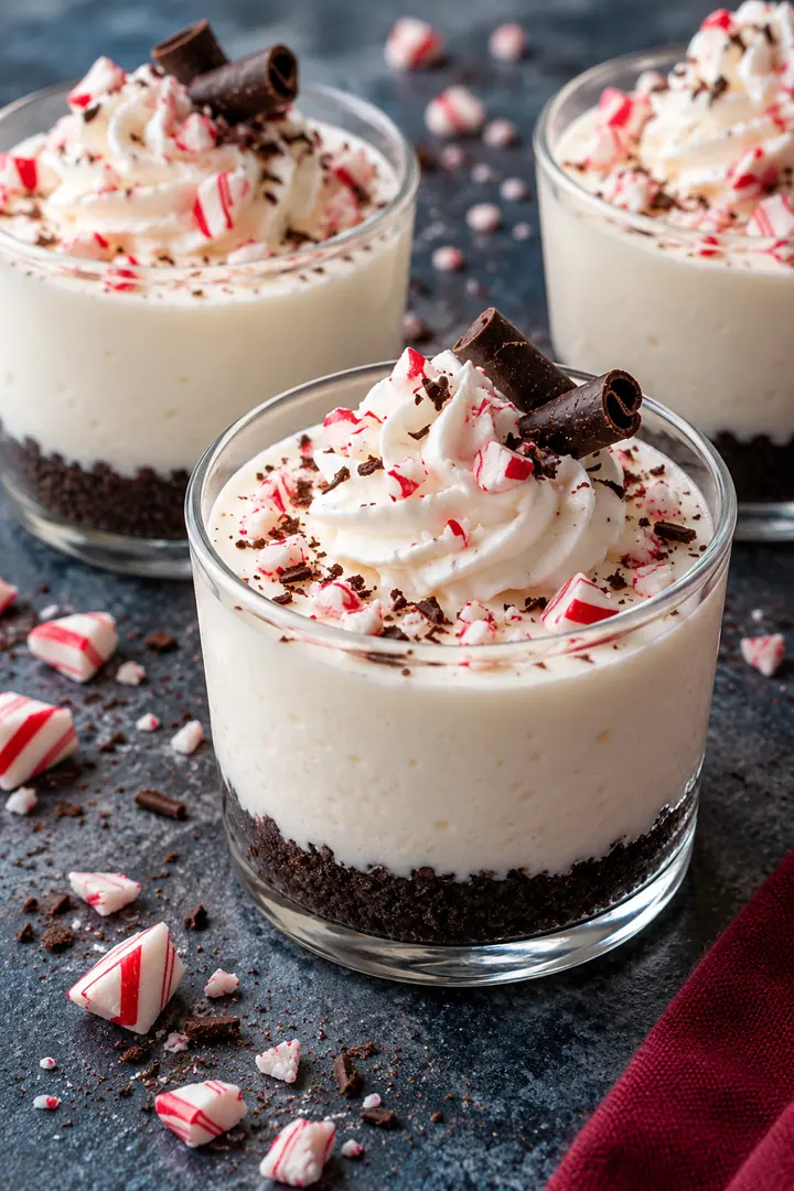 Peppermint cheesecake cups with chocolate cookie bases, smooth white filling and a crushed candy cane finish