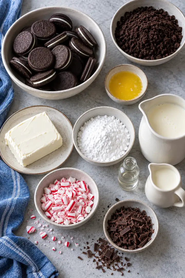 Chocolate sandwich cookies, butter, cream cheese, powdered sugar, separate cream portions, extract and peppermint candy