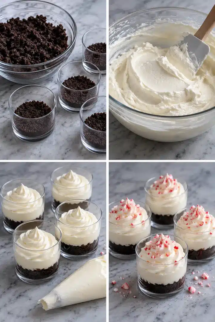 Four panels showing cookie crumbs, soft mounded filling before piping, filled cups and the final candy garnish