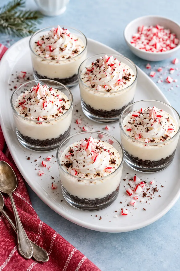 Individual layered desserts on a holiday tray with a separate dry candy bowl and small spoons