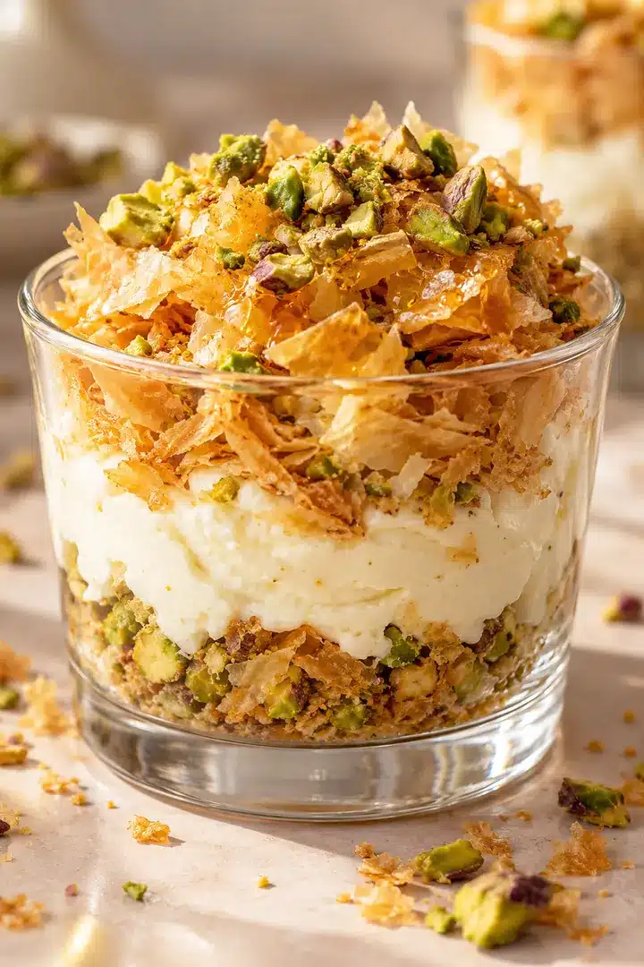Close view through an intact glass of creamy cheesecake, golden phyllo shards, coarse pistachios, and a fine honey drizzle