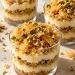 Pistachio baklava cheesecake cups layered with crisp phyllo, cream filling, chopped nuts, and honey in clear glasses