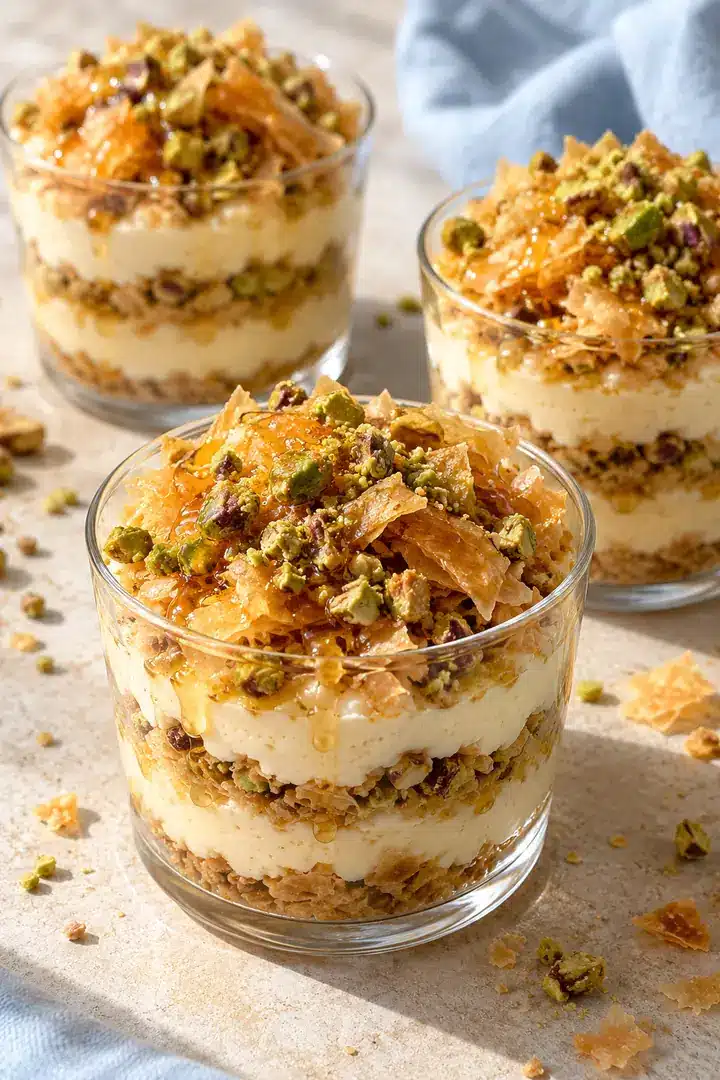 Pistachio baklava cheesecake cups layered with crisp phyllo, cream filling, chopped nuts, and honey in clear glasses