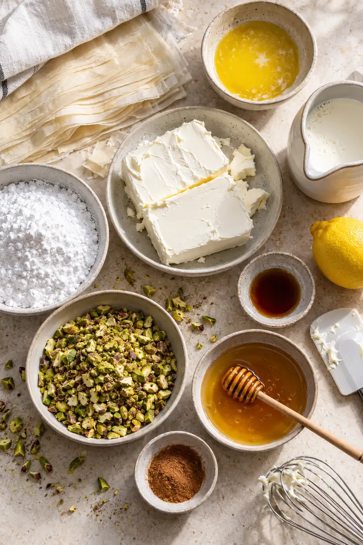 Phyllo sheets, butter, cream cheese, whipped cream, pistachios, lemon, cinnamon, and honey arranged in bowls