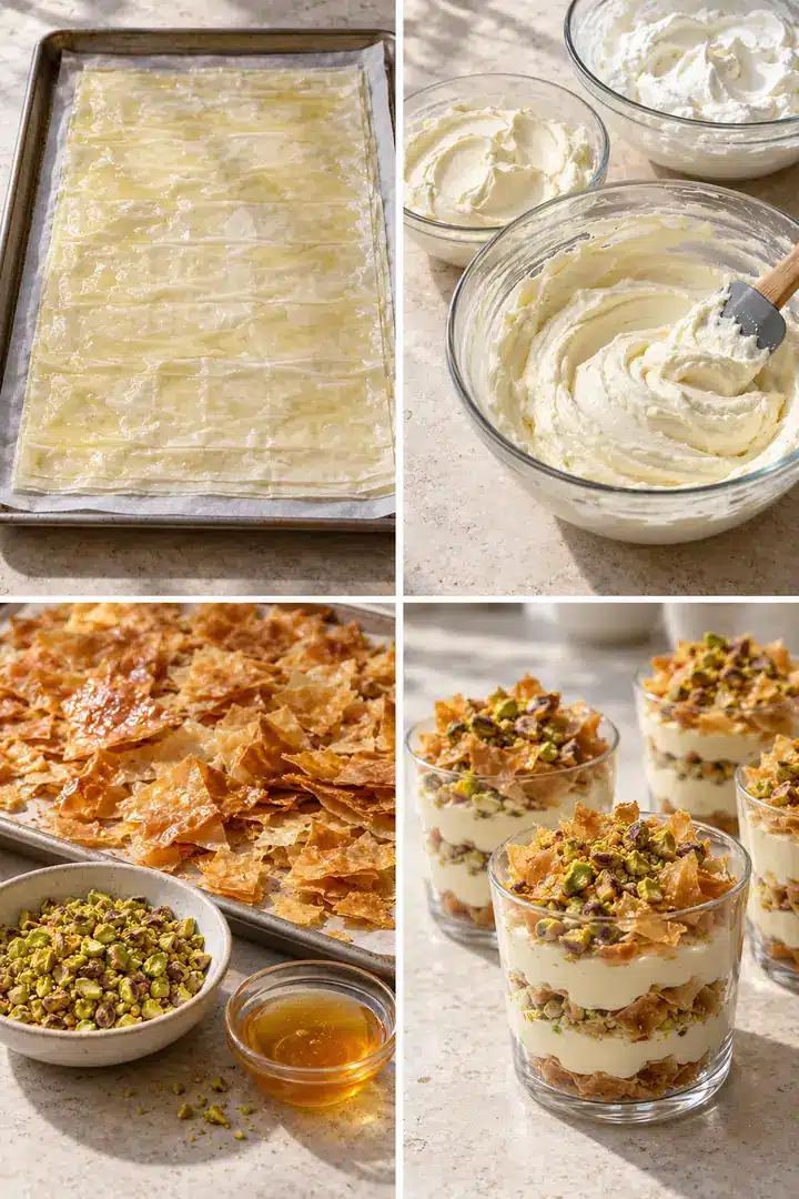 Four panels show buttered phyllo, folded cheesecake filling, chopped pistachios with honey, and layered clear cups