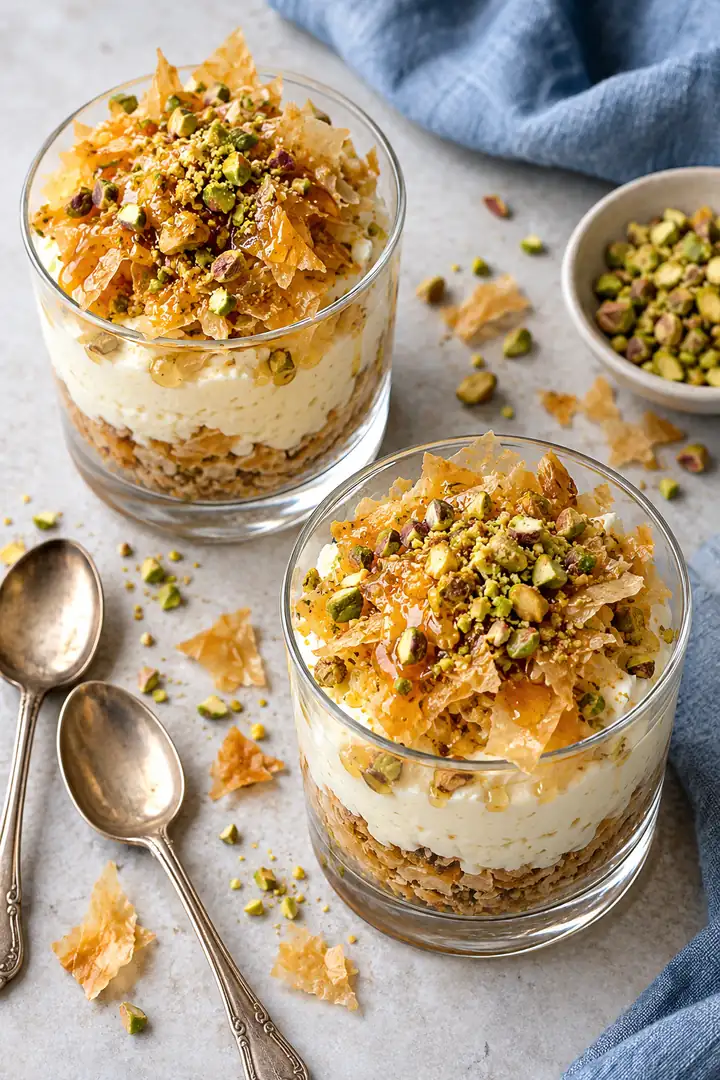Two honey pistachio cheesecake cups served in clear glasses with dessert spoons and extra phyllo shards