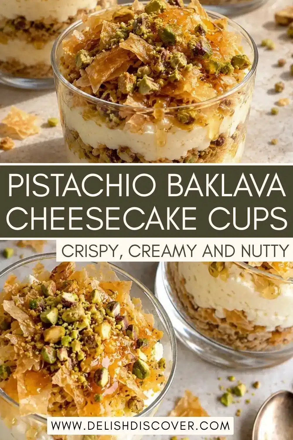 Individual clear cheesecake cups with visible golden phyllo layers, thick white cheesecake filling, chopped green pistachios, and glossy honey drizzled over the top.