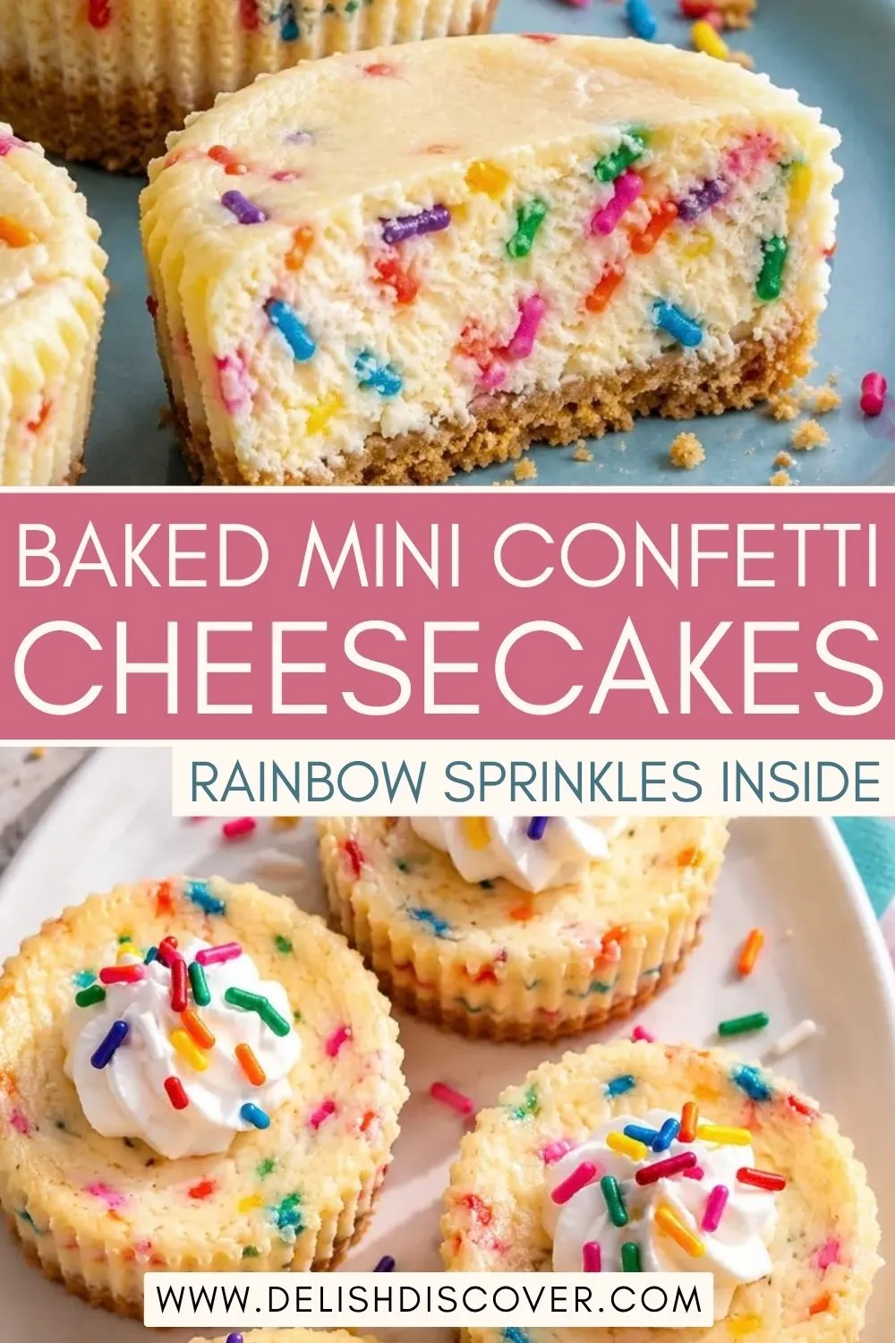 Mini baked cheesecakes with pale vanilla centers dotted with colorful sprinkles, thin cookie crusts, and small whipped cream toppings.