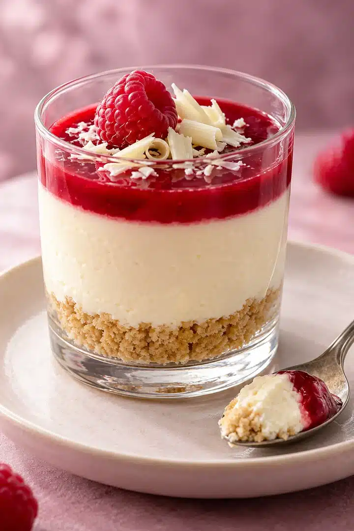 Ivory cheesecake and smooth ruby topping in an intact glass beside a spoonful showing the creamy texture