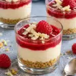 Raspberry white chocolate cheesecake cups with vanilla crumbs, ivory filling and ruby raspberry topping in clear glasses