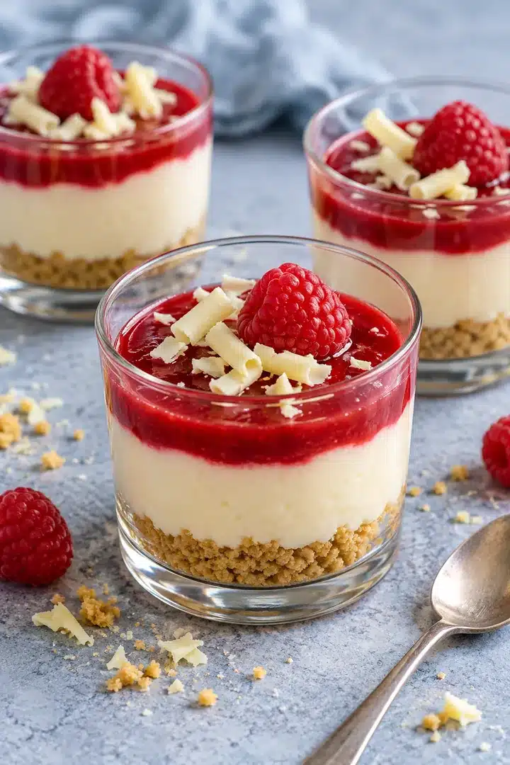 Raspberry white chocolate cheesecake cups with vanilla crumbs, ivory filling and ruby raspberry topping in clear glasses