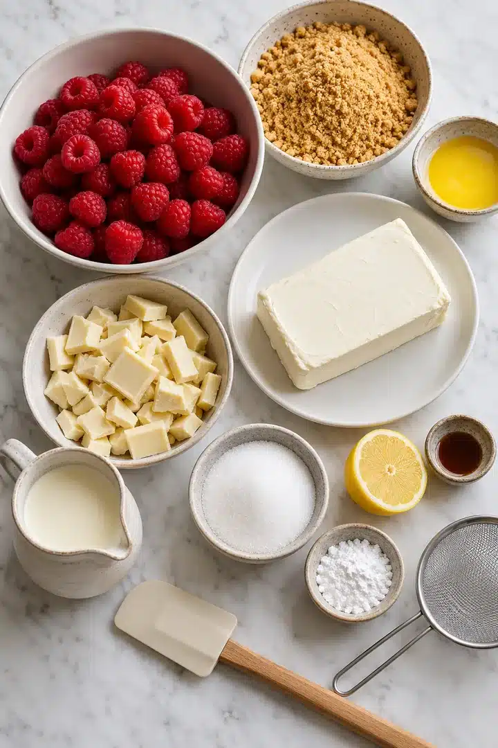 Raspberries, white chocolate pieces, vanilla crumbs, cream cheese, cream, butter and sugars arranged beside a sieve