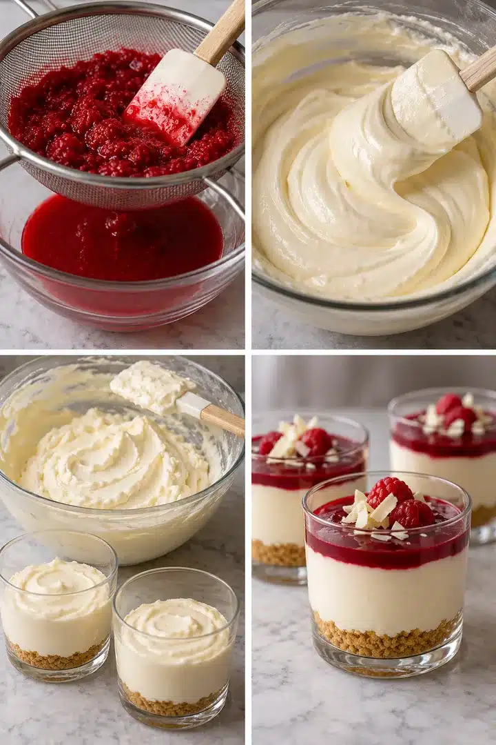 Four panels show raspberry straining, glossy chocolate and cheese base, folded airy filling and finished layered cups